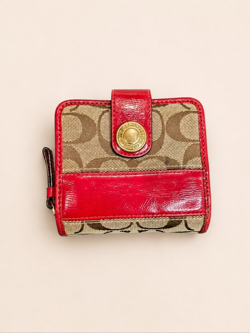 Coach Signature Jacquard Red Patent Leather Zip Around Wallet